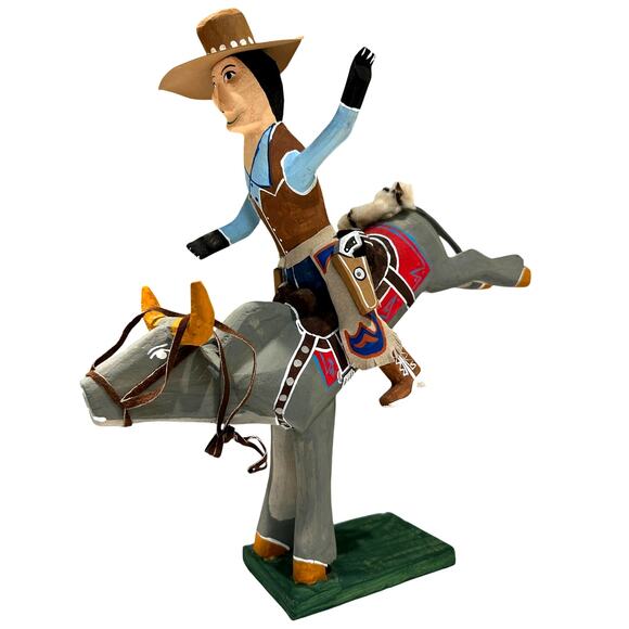 Delbert Buck Navajo Folk Art Wood Carving-Cowboy Bucking Bull Rider-Signed - Picture 1 of 7